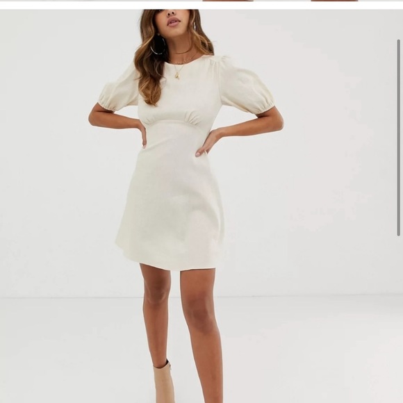 Asos Design Linen Mini Dress With Puff Sleeves - Picture 1 of 9